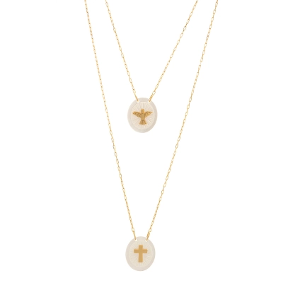 COLAR ESCAPULÁRIO ESPÍRITO SANTO EM OURO 18K COM MADREPÉROLA 60CM