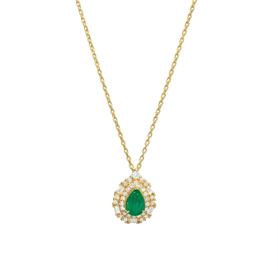 COLAR GOTA ESMERALDA E DIAMANTES OURO 18K
