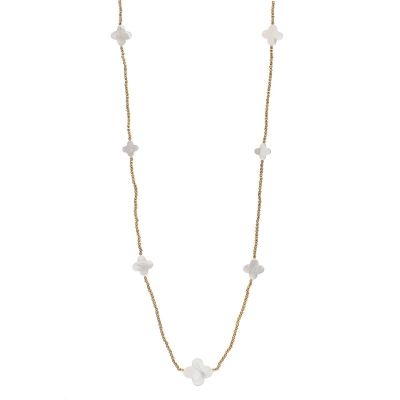 COLAR HEMATITA DOURADA COM TREVOS EM MADREPÉROLA E ESFERAS EM OURO 18K 70CM