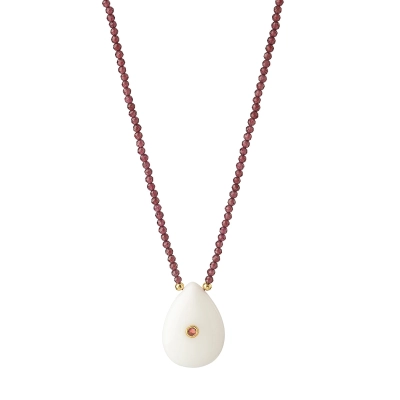 COLAR LUAR PERFEITO EM GRANADA COM GOTA EM ÁGATA BRANCA COM TURMALINA ROSA E ESFERAS EM OURO 18K