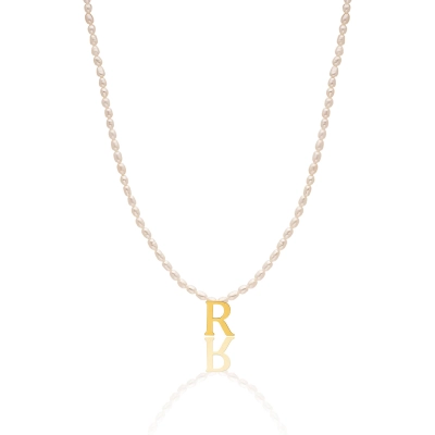 COLAR PÉROLA COM LETRA R EM OURO 18K 40CM