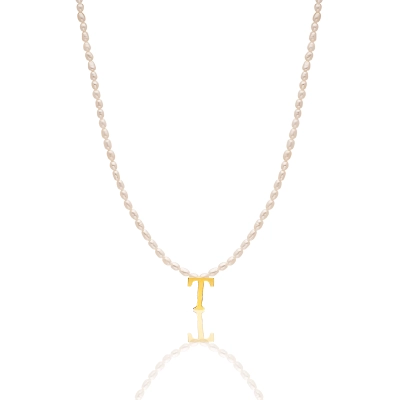 COLAR PÉROLA COM LETRA T EM OURO 18K 40CM