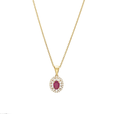 COLAR PEDRA OVAL RUBI E DIAMANTES OURO 18K