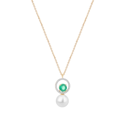 Colar Pérola Com Diamantes e Esmeralda Ouro 18k