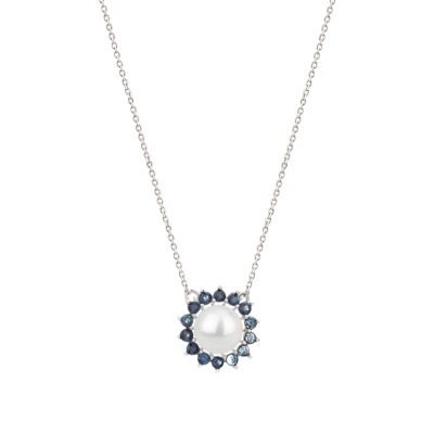 Colar Pérola Com Safiras Ouro Branco 18k