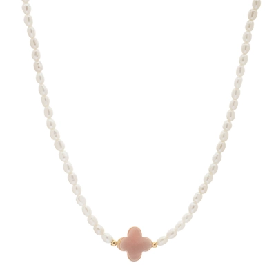 COLAR PÉROLA COM TREVO MADREPÉROLA ROSA E ESFERAS EM OURO 18K 41CM