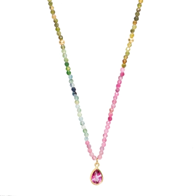 COLAR SERENO TURMALINAS COM GOTA TOPÁZIO ROSA OURO 18K