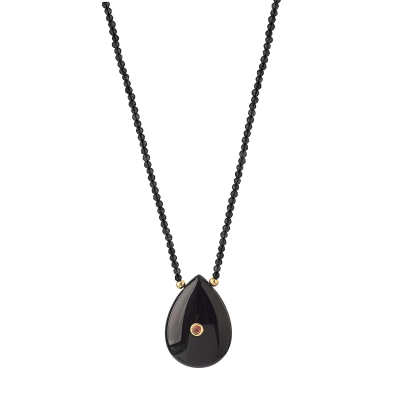 COLAR SUAVIDADE ÁUREA EM ESPINÉLIO COM GOTA EM ÁGATA NEGRA COM TURMALINA ROSA E ESFERAS EM OURO 18K