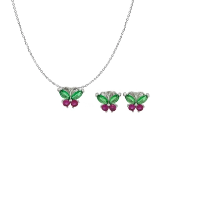 CONJUNTO DE GARGANTILHA PINGENTE BORBOLETA COM ZIRCÔNIA ROSA E VERDE 45CM