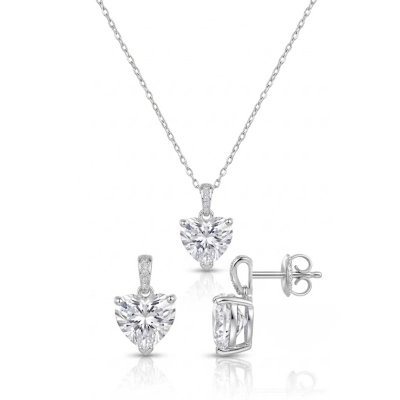 Conjunto Coração Prata 925 Com Ródio e Moissanite