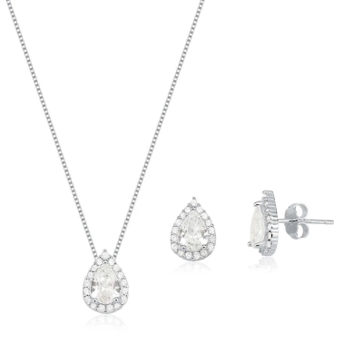 Conjunto Gota Prata 925 Com Ródio e Moissanite
