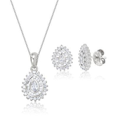 Conjunto Gargantilha Gota Prata 925 Zircônias Ródio 45/50cm
