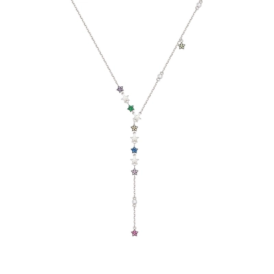 Gargantilha Y em Prata 925 Estrela e Bola com Zircônias Colors e Zircônia Branca com Ródio Branco