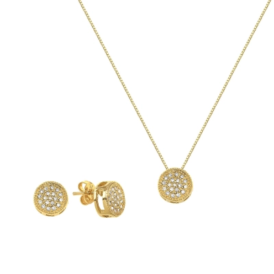 Colar e Brinco Pavê em Prata 925 Banho em Ouro e Zircônias