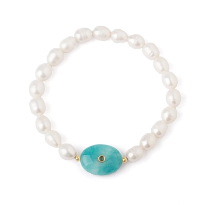 PULSEIRA ALENTO PERFEITO EM PÉROLA COM AMAZONITA E TURMALINA VERDE E ESFERAS EM OURO 18K