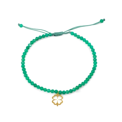 Pulseira Brilho Ágata Verde Com Trevo Ouro 18k