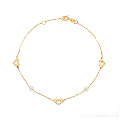PULSEIRA CORAÇÕES VAZADOS E PÉROLAS EM OURO 18K 14CM