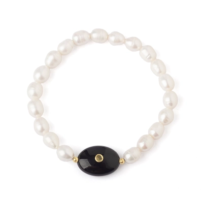 PULSEIRA ELO ACONCHEGANTE EM PÉROLA COM ÁGATA NEGRA E TURMALINA ROSA E ESFERAS EM OURO 18K