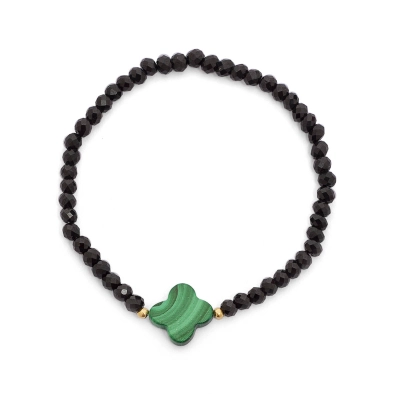 PULSEIRA ESPINÉLIO COM TREVO EM MALAQUITA E ESFERA EM OURO 18K