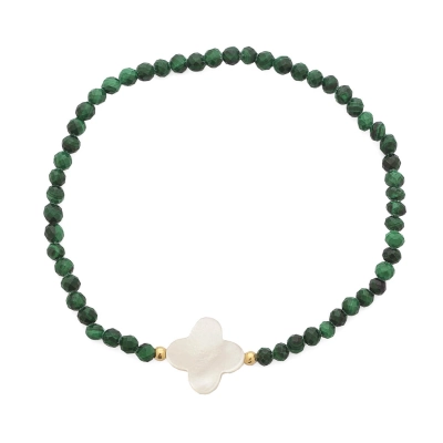 PULSEIRA MALAQUITA COM TREVO EM MADREPÉROLA E ESFERA EM OURO 18K