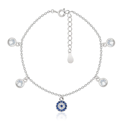 Pulseira Olho Grego Em Prata 925 Com Ródio e Zircônia 17cm.