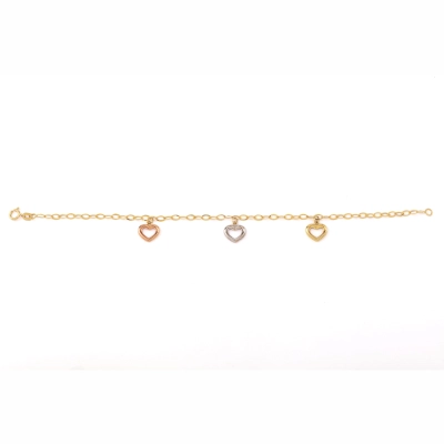 PULSEIRA PAIXÃO TRÊS CORAÇÕES EM OURO AMARELO, BRANCO E VERMELHO 18K