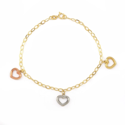 PULSEIRA PAIXÃO TRÊS CORAÇÕES EM OURO AMARELO, BRANCO E VERMELHO 18K