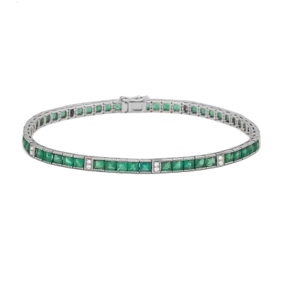 PULSEIRA ESMERALDAS E DIAMANTES OURO BRANCO 18K