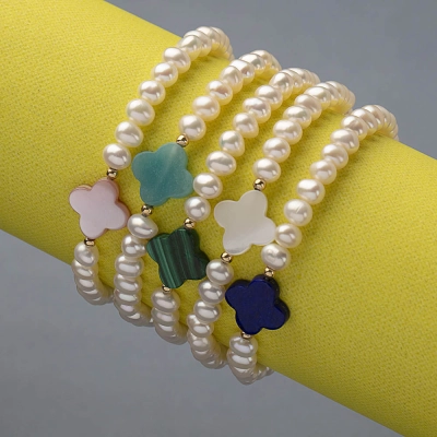 PULSEIRA PÉROLA COM TREVO EM AMAZONITA E ESFERA EM OURO 18K