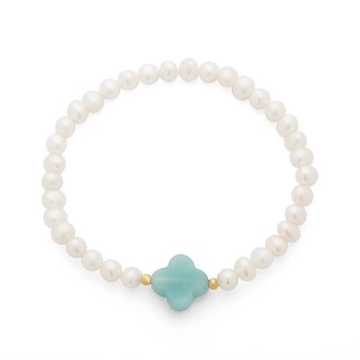 PULSEIRA PÉROLA COM TREVO EM AMAZONITA E ESFERA EM OURO 18K