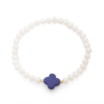 PULSEIRA PÉROLA COM TREVO EM LÁPIS LAZÚLI E ESFERAS EM OURO 18K