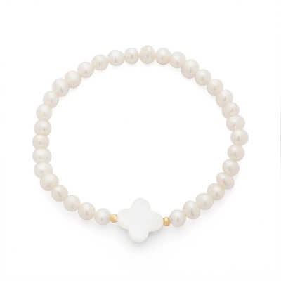 PULSEIRA PÉROLA COM TREVO EM MADREPÉROLA E ESFERA EM OURO 18K