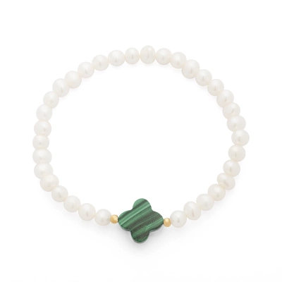 PULSEIRA PÉROLA COM TREVO EM MALAQUITA E ESFERA EM OURO 18K