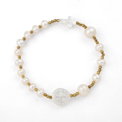 Pulseira São Bento Com Pérolas e Hematitas Douradas
